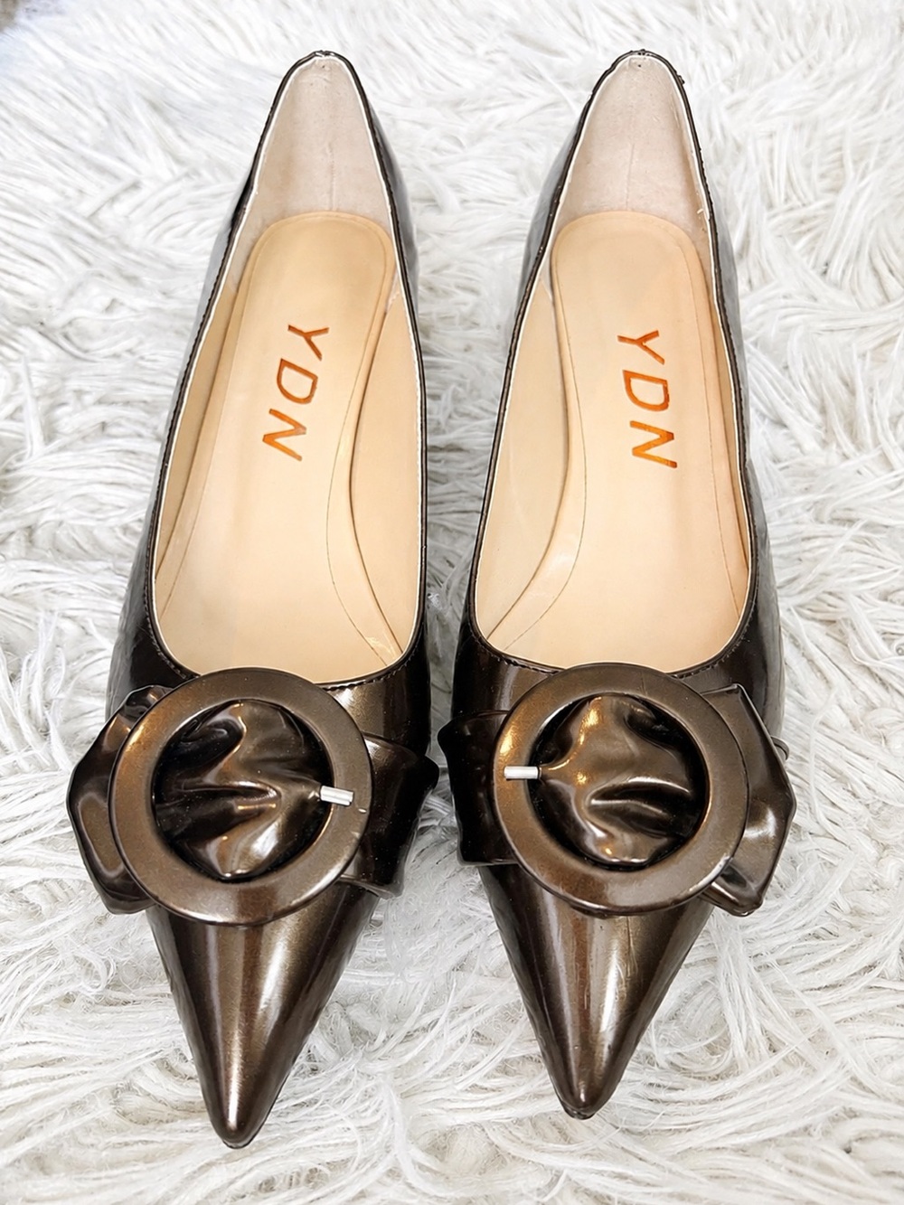YDN Metallic Bronze Pointed Toe Flats with Decorative Buckle